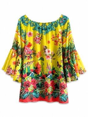 Ranees Floral Paradise Sheer Off-Shoulder Tunic Swim Cover Up – Med EUC